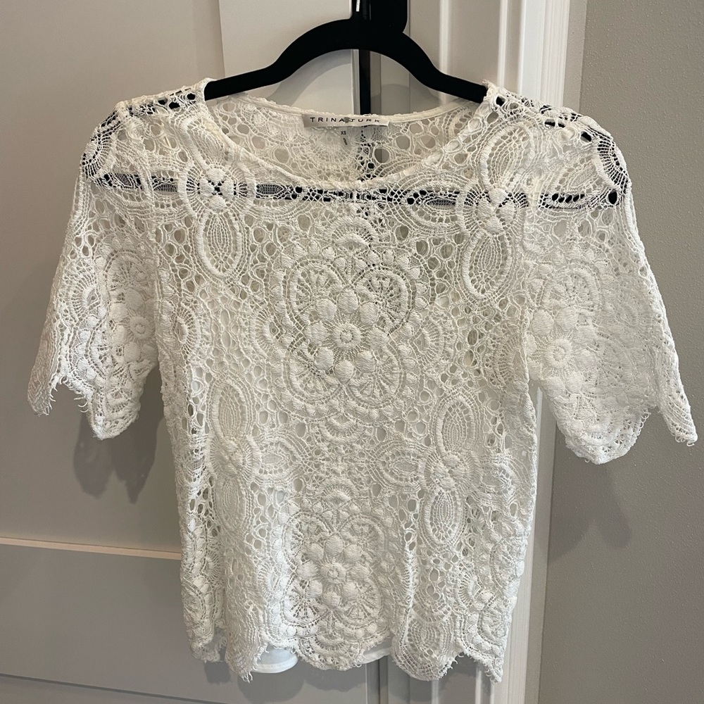 Trina Turk White Lace Embellished Blouse